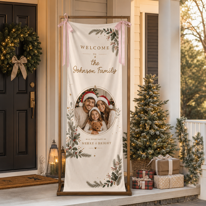 Custom Family Photo Christmas Pine Foliage Fabric Welcome Banner, Personalized Holiday Entryway Hanging Sign with Ribbon Accents & Metal Grommets for Party Decor