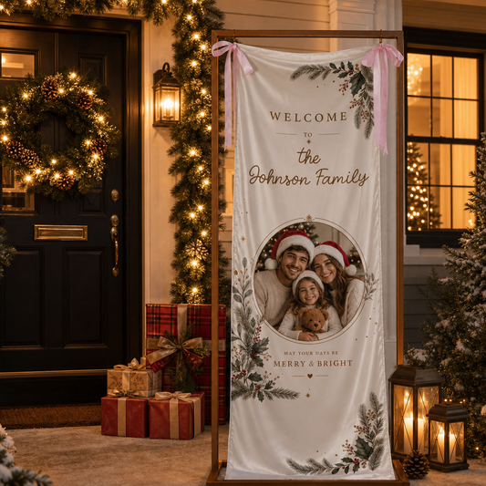 Custom Family Photo Christmas Pine Foliage Fabric Welcome Banner, Personalized Holiday Entryway Hanging Sign with Ribbon Accents & Metal Grommets for Party Decor