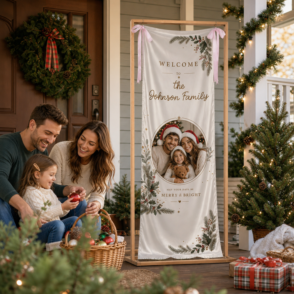 Custom Family Photo Christmas Pine Foliage Fabric Welcome Banner, Personalized Holiday Entryway Hanging Sign with Ribbon Accents & Metal Grommets for Party Decor