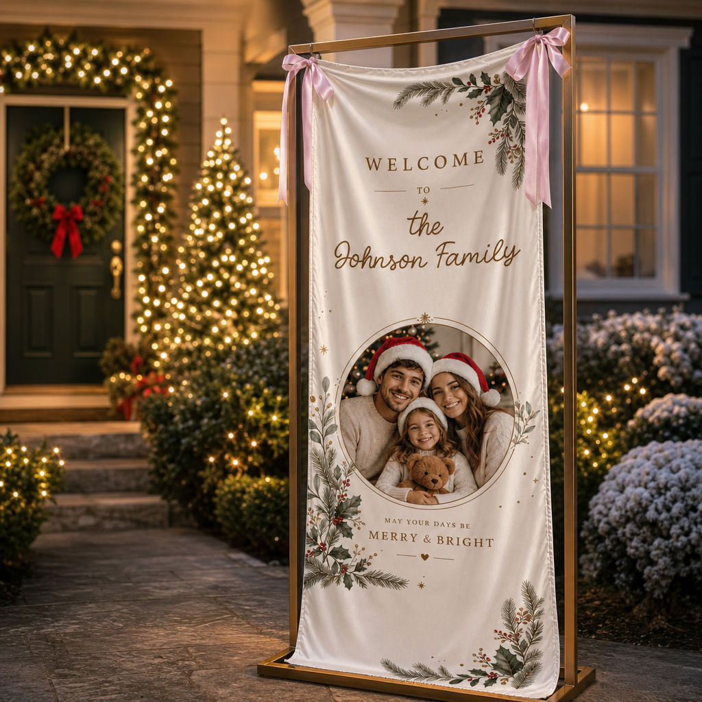 Custom Family Photo Christmas Pine Foliage Fabric Welcome Banner, Personalized Holiday Entryway Hanging Sign with Ribbon Accents & Metal Grommets for Party Decor