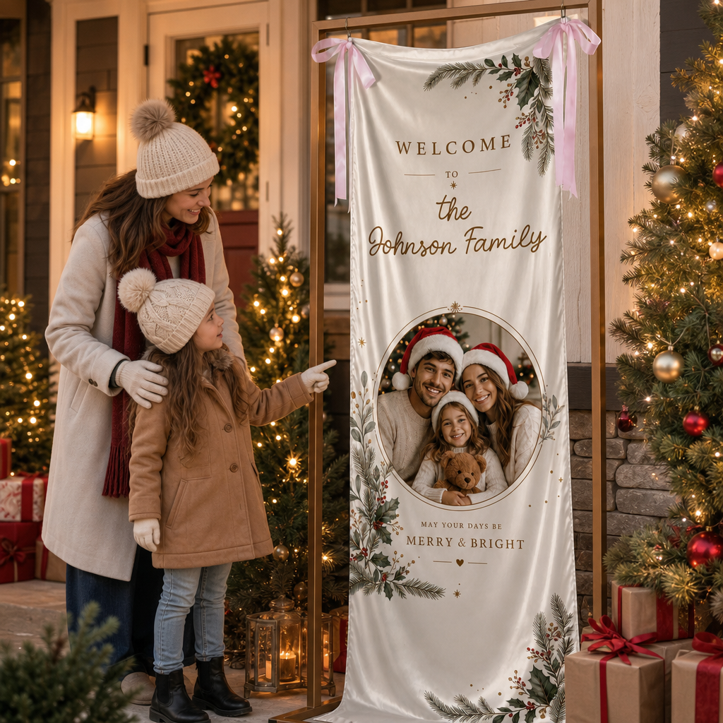 Custom Family Photo Christmas Pine Foliage Fabric Welcome Banner, Personalized Holiday Entryway Hanging Sign with Ribbon Accents & Metal Grommets for Party Decor
