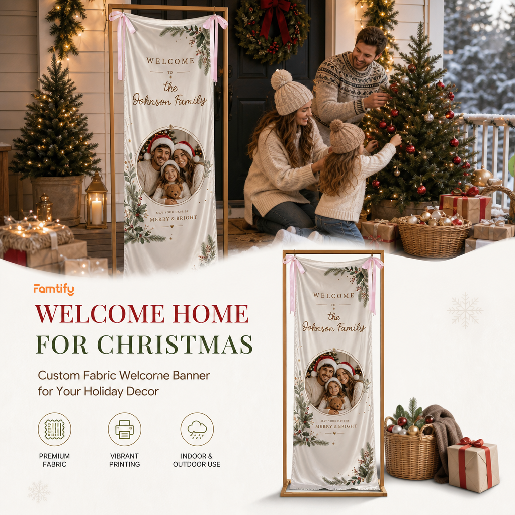 Custom Family Photo Christmas Pine Foliage Fabric Welcome Banner, Personalized Holiday Entryway Hanging Sign with Ribbon Accents & Metal Grommets for Party Decor