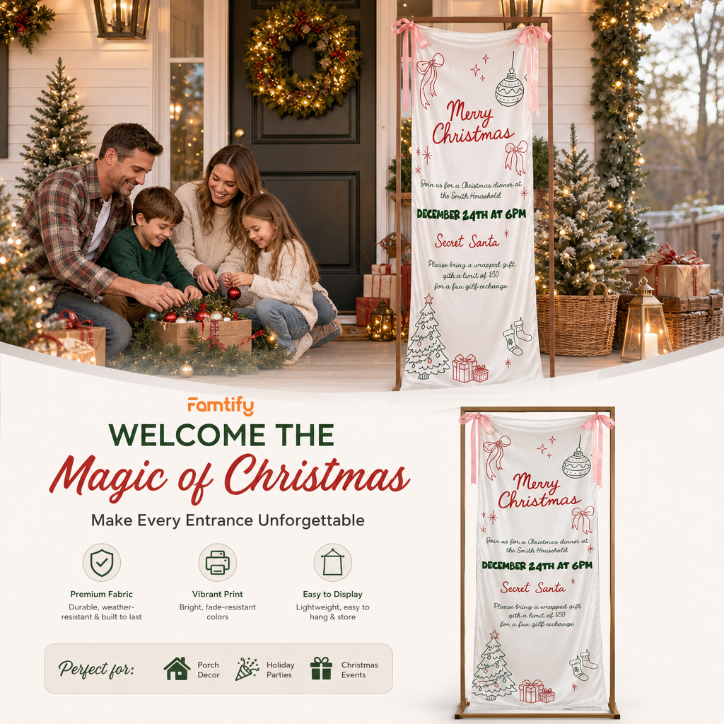 Custom Merry Christmas Dinner Party Fabric Welcome Banner, Personalized Holiday Event Entrance Hanging Sign with Ribbon, Secret Santa Party Details Decor