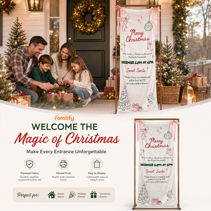 Custom Merry Christmas Dinner Party Fabric Welcome Banner, Personalized Holiday Event Entrance Hanging Sign with Ribbon, Secret Santa Party Details Decor
