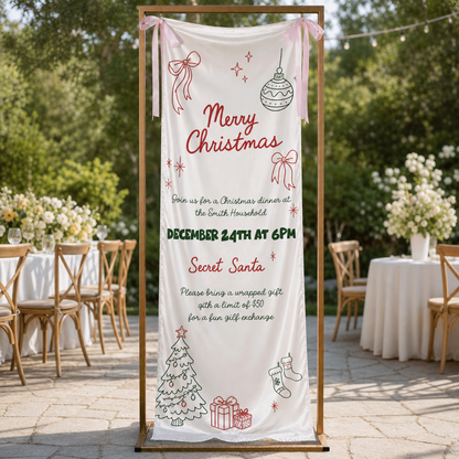 Custom Merry Christmas Dinner Party Fabric Welcome Banner, Personalized Holiday Event Entrance Hanging Sign with Ribbon, Secret Santa Party Details Decor
