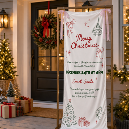 Custom Merry Christmas Dinner Party Fabric Welcome Banner, Personalized Holiday Event Entrance Hanging Sign with Ribbon, Secret Santa Party Details Decor