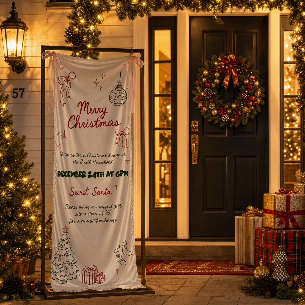 Custom Merry Christmas Dinner Party Fabric Welcome Banner, Personalized Holiday Event Entrance Hanging Sign with Ribbon, Secret Santa Party Details Decor