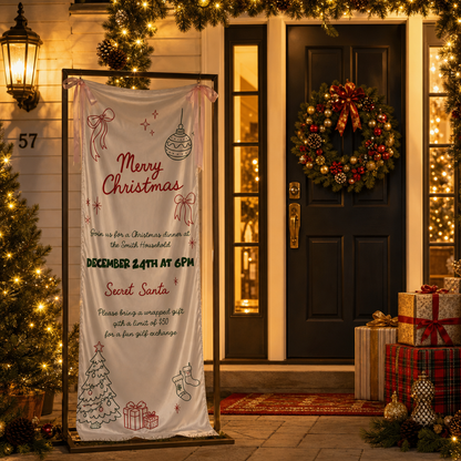 Custom Merry Christmas Dinner Party Fabric Welcome Banner, Personalized Holiday Event Entrance Hanging Sign with Ribbon, Secret Santa Party Details Decor