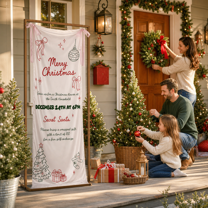 Custom Merry Christmas Dinner Party Fabric Welcome Banner, Personalized Holiday Event Entrance Hanging Sign with Ribbon, Secret Santa Party Details Decor