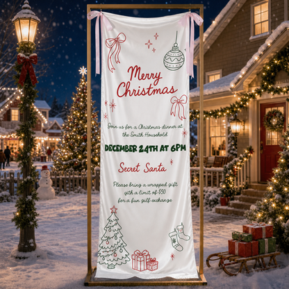 Custom Merry Christmas Dinner Party Fabric Welcome Banner, Personalized Holiday Event Entrance Hanging Sign with Ribbon, Secret Santa Party Details Decor