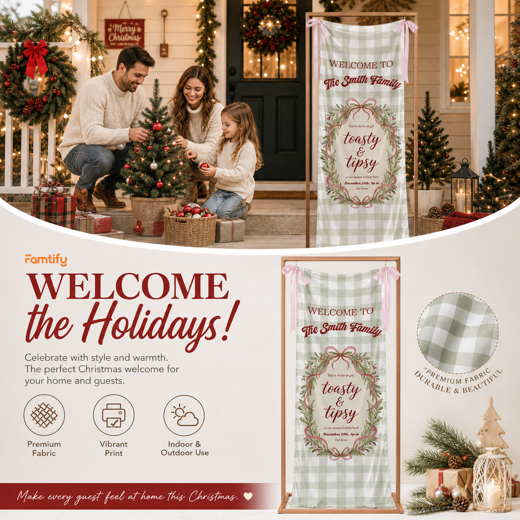 Custom Toasty & Tipsy Holiday Bash Fabric Welcome Banner, Personalized Family Name Christmas Wreath Entrance Hanging Sign with Pink Ribbons, Green Gingham Check Party Decor