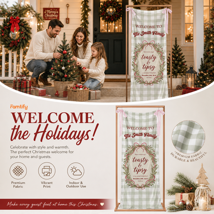 Custom Toasty & Tipsy Holiday Bash Fabric Welcome Banner, Personalized Family Name Christmas Wreath Entrance Hanging Sign with Pink Ribbons, Green Gingham Check Party Decor