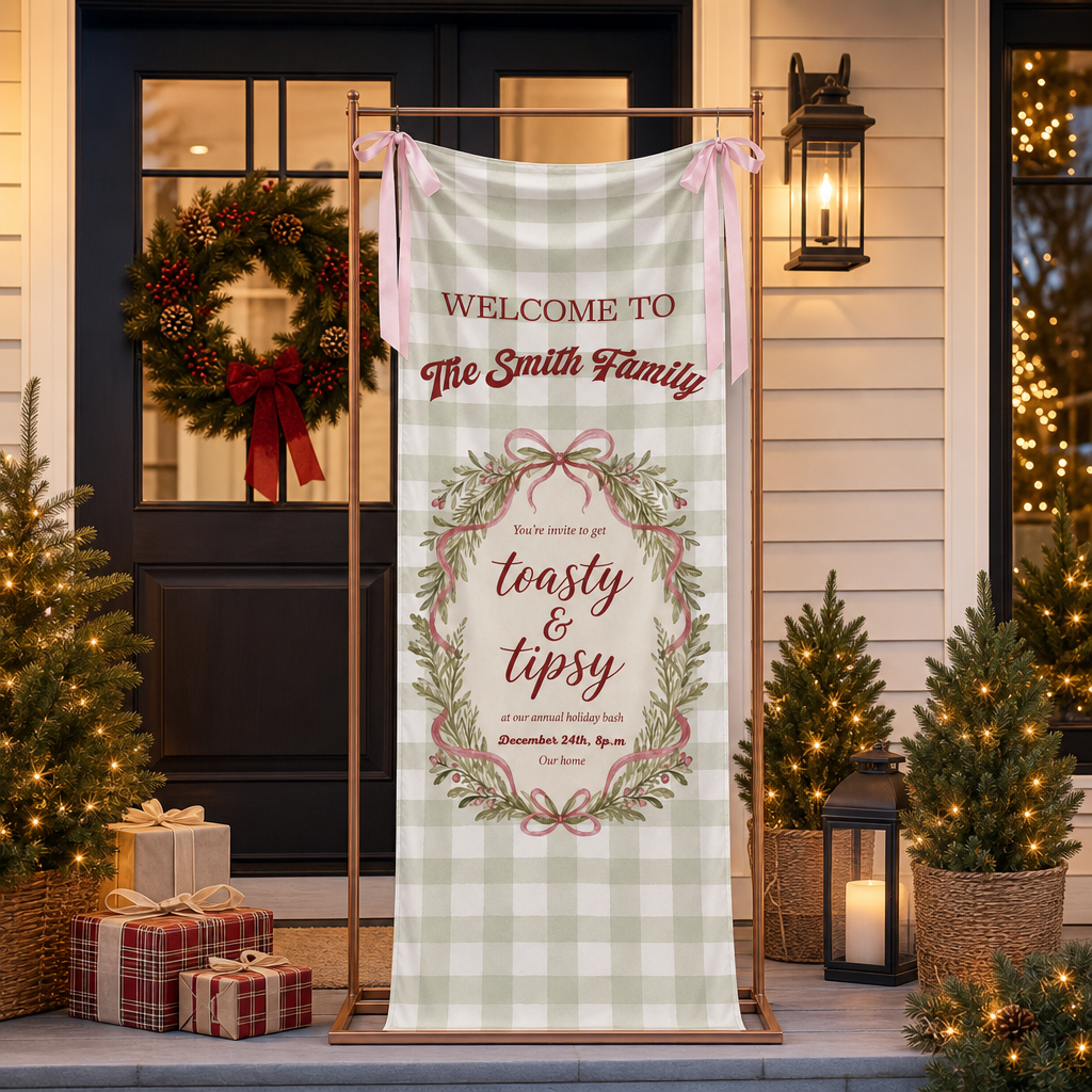 Custom Toasty & Tipsy Holiday Bash Fabric Welcome Banner, Personalized Family Name Christmas Wreath Entrance Hanging Sign with Pink Ribbons, Green Gingham Check Party Decor