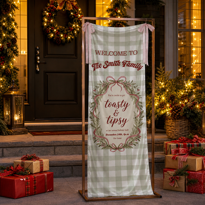 Custom Toasty & Tipsy Holiday Bash Fabric Welcome Banner, Personalized Family Name Christmas Wreath Entrance Hanging Sign with Pink Ribbons, Green Gingham Check Party Decor
