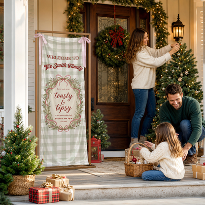 Custom Toasty & Tipsy Holiday Bash Fabric Welcome Banner, Personalized Family Name Christmas Wreath Entrance Hanging Sign with Pink Ribbons, Green Gingham Check Party Decor