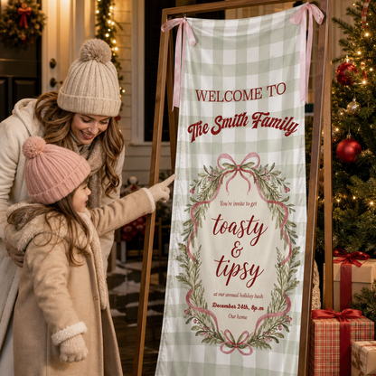 Custom Toasty & Tipsy Holiday Bash Fabric Welcome Banner, Personalized Family Name Christmas Wreath Entrance Hanging Sign with Pink Ribbons, Green Gingham Check Party Decor