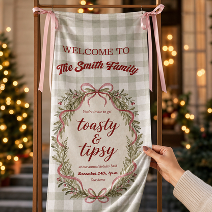 Custom Toasty & Tipsy Holiday Bash Fabric Welcome Banner, Personalized Family Name Christmas Wreath Entrance Hanging Sign with Pink Ribbons, Green Gingham Check Party Decor
