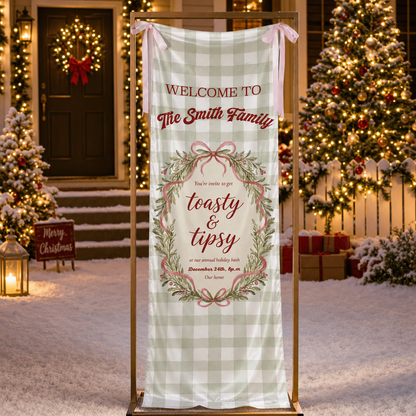 Custom Toasty & Tipsy Holiday Bash Fabric Welcome Banner, Personalized Family Name Christmas Wreath Entrance Hanging Sign with Pink Ribbons, Green Gingham Check Party Decor