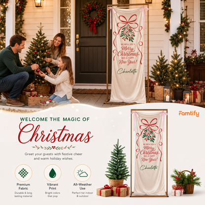Custom Mistletoe Merry Christmas Fabric Welcome Banner, Personalized Name Holiday Event Entrance Hanging Sign with Ribbon, Classic Red Ribbon New Year Party Decor