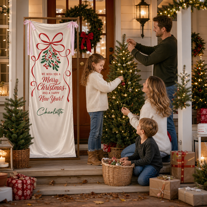Custom Mistletoe Merry Christmas Fabric Welcome Banner, Personalized Name Holiday Event Entrance Hanging Sign with Ribbon, Classic Red Ribbon New Year Party Decor