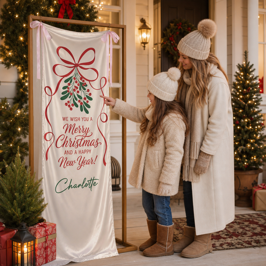 Custom Mistletoe Merry Christmas Fabric Welcome Banner, Personalized Name Holiday Event Entrance Hanging Sign with Ribbon, Classic Red Ribbon New Year Party Decor