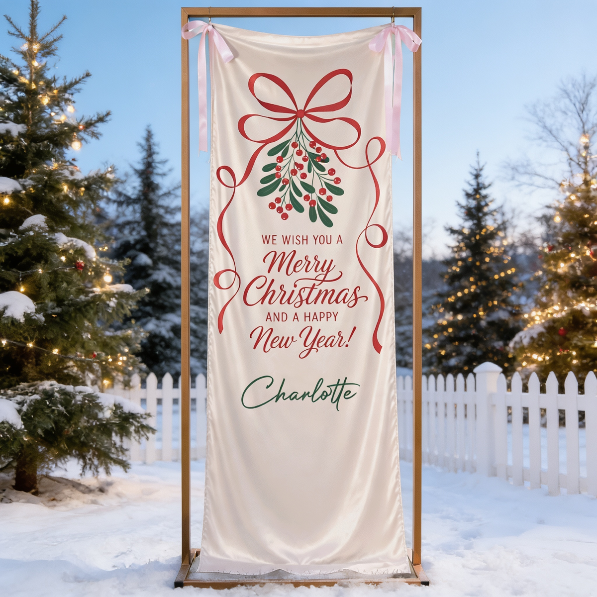 Custom Mistletoe Merry Christmas Fabric Welcome Banner, Personalized Name Holiday Event Entrance Hanging Sign with Ribbon, Classic Red Ribbon New Year Party Decor