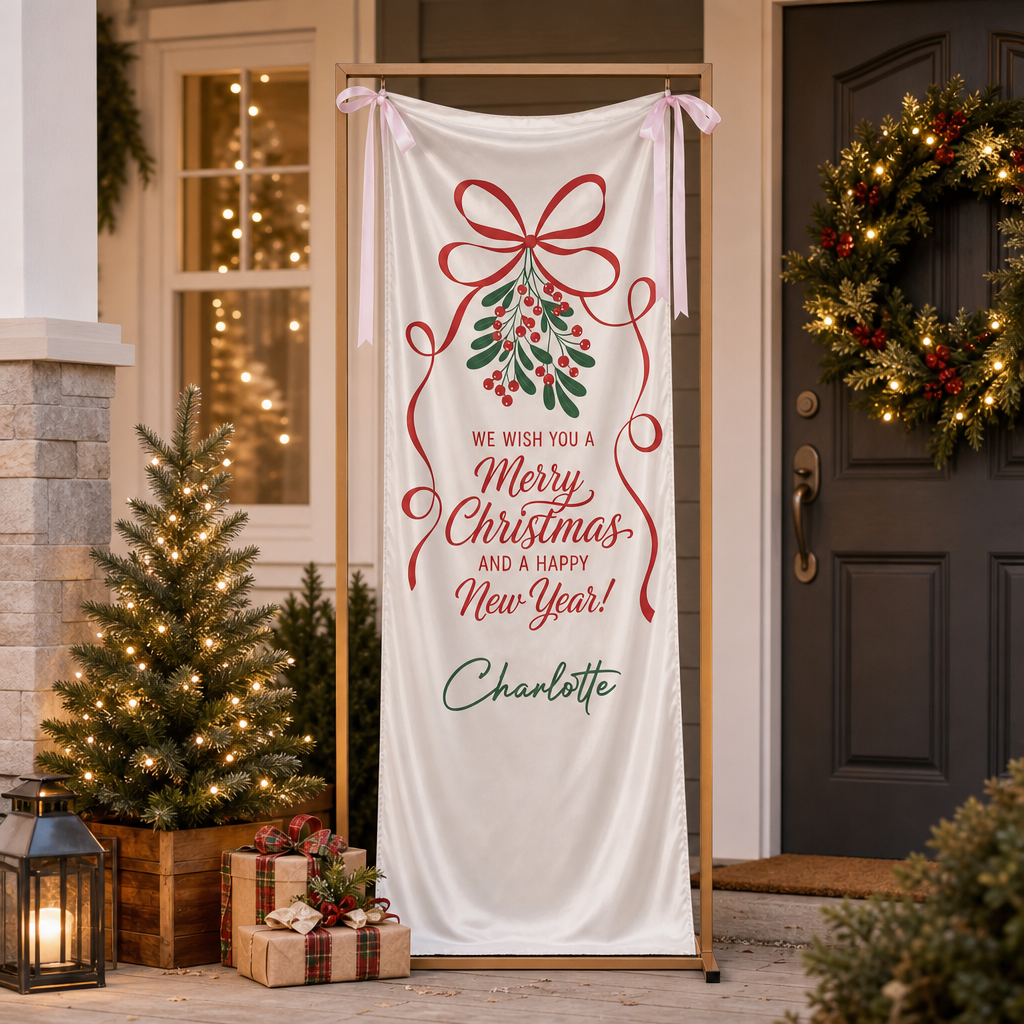 Custom Mistletoe Merry Christmas Fabric Welcome Banner, Personalized Name Holiday Event Entrance Hanging Sign with Ribbon, Classic Red Ribbon New Year Party Decor