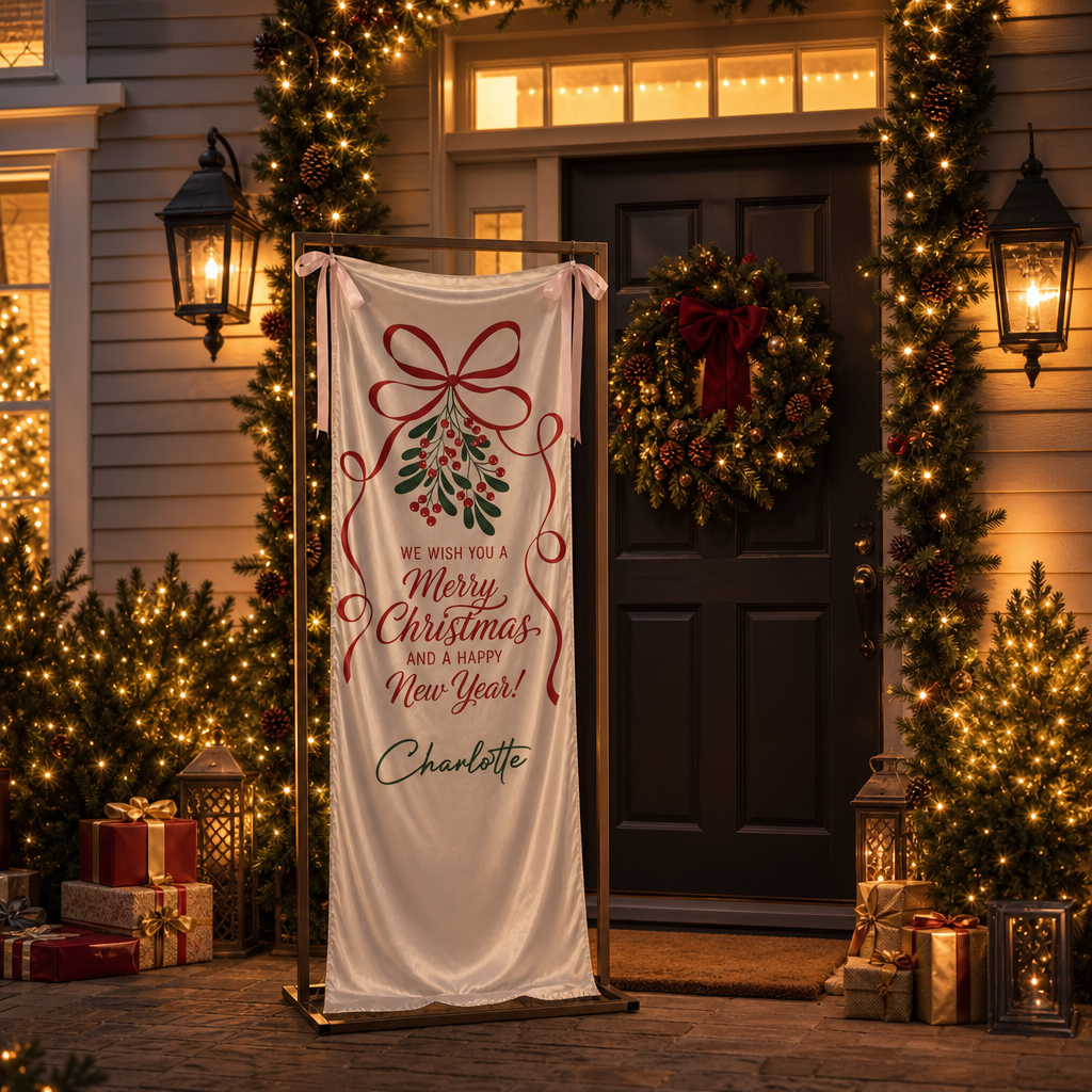 Custom Mistletoe Merry Christmas Fabric Welcome Banner, Personalized Name Holiday Event Entrance Hanging Sign with Ribbon, Classic Red Ribbon New Year Party Decor