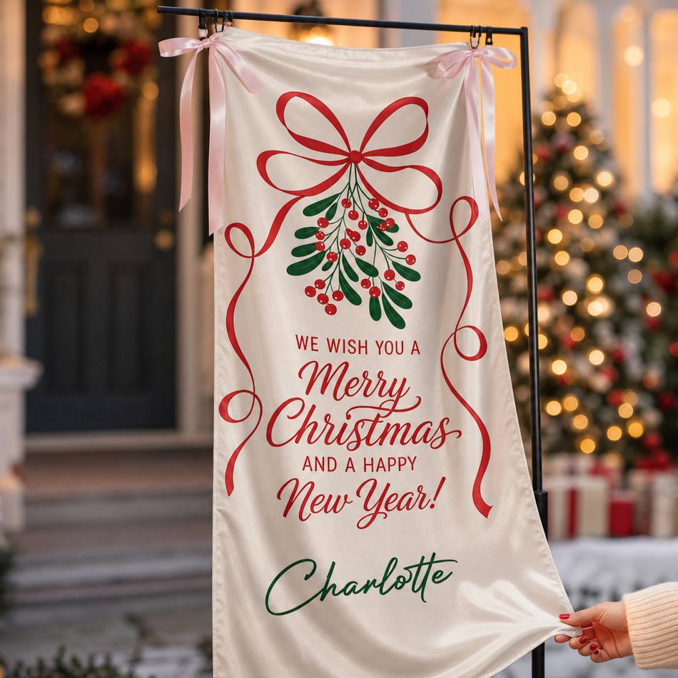 Custom Mistletoe Merry Christmas Fabric Welcome Banner, Personalized Name Holiday Event Entrance Hanging Sign with Ribbon, Classic Red Ribbon New Year Party Decor
