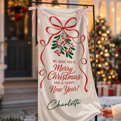 Custom Mistletoe Merry Christmas Fabric Welcome Banner, Personalized Name Holiday Event Entrance Hanging Sign with Ribbon, Classic Red Ribbon New Year Party Decor