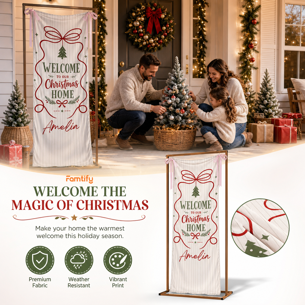Custom Welcome To Our Christmas Home Fabric Welcome Banner, Personalized Name Holiday Entrance Hanging Sign with Ribbon Ties, Classic Stripe & Bow Party Decor