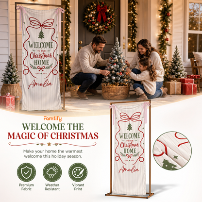 Custom Welcome To Our Christmas Home Fabric Welcome Banner, Personalized Name Holiday Entrance Hanging Sign with Ribbon Ties, Classic Stripe & Bow Party Decor