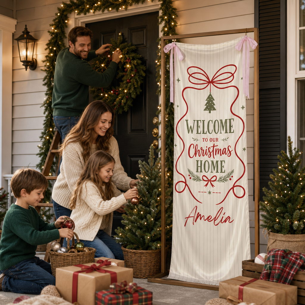 Custom Welcome To Our Christmas Home Fabric Welcome Banner, Personalized Name Holiday Entrance Hanging Sign with Ribbon Ties, Classic Stripe & Bow Party Decor