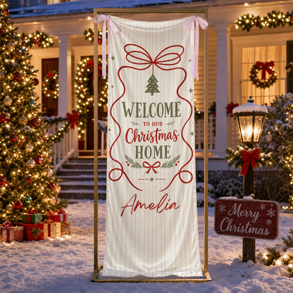 Custom Welcome To Our Christmas Home Fabric Welcome Banner, Personalized Name Holiday Entrance Hanging Sign with Ribbon Ties, Classic Stripe & Bow Party Decor
