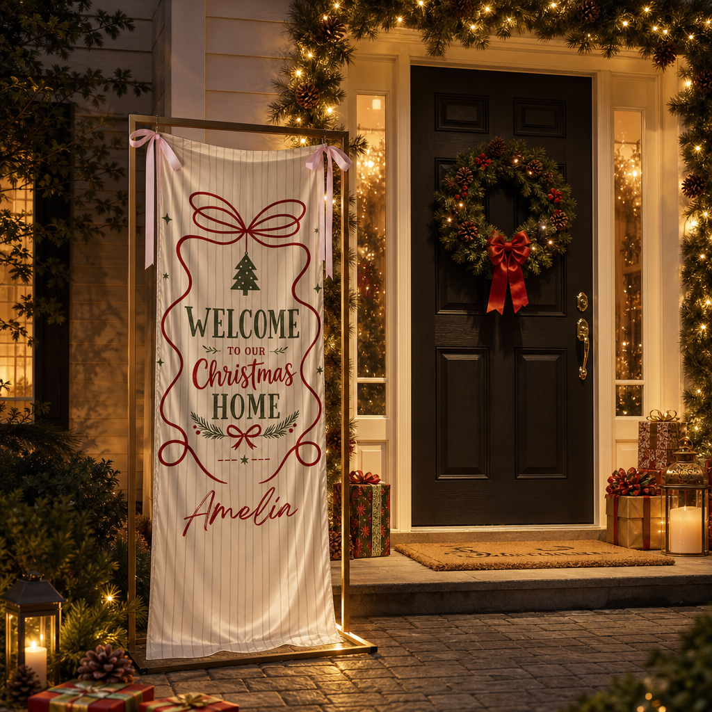 Custom Welcome To Our Christmas Home Fabric Welcome Banner, Personalized Name Holiday Entrance Hanging Sign with Ribbon Ties, Classic Stripe & Bow Party Decor
