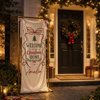 Custom Welcome To Our Christmas Home Fabric Welcome Banner, Personalized Name Holiday Entrance Hanging Sign with Ribbon Ties, Classic Stripe & Bow Party Decor