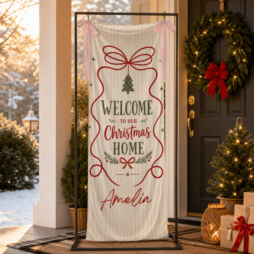 Custom Welcome To Our Christmas Home Fabric Welcome Banner, Personalized Name Holiday Entrance Hanging Sign with Ribbon Ties, Classic Stripe & Bow Party Decor