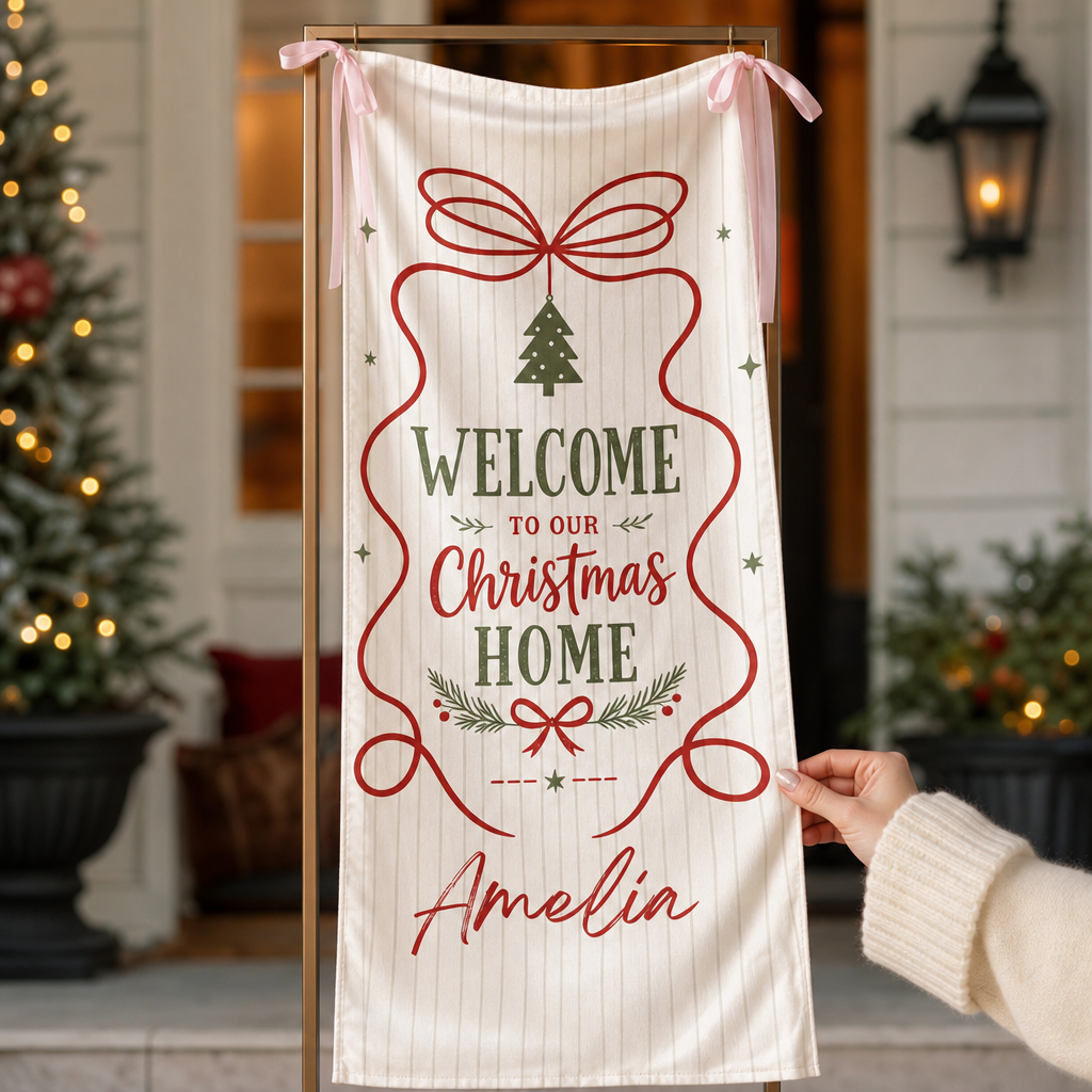 Custom Welcome To Our Christmas Home Fabric Welcome Banner, Personalized Name Holiday Entrance Hanging Sign with Ribbon Ties, Classic Stripe & Bow Party Decor