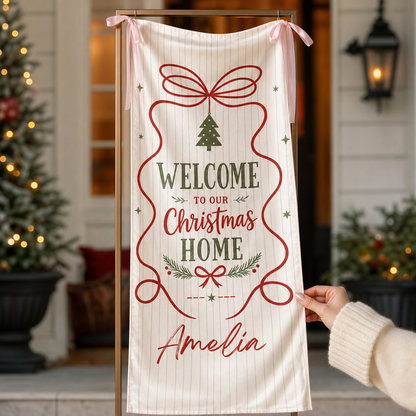 Custom Welcome To Our Christmas Home Fabric Welcome Banner, Personalized Name Holiday Entrance Hanging Sign with Ribbon Ties, Classic Stripe & Bow Party Decor