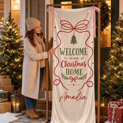 Custom Welcome To Our Christmas Home Fabric Welcome Banner, Personalized Name Holiday Entrance Hanging Sign with Ribbon Ties, Classic Stripe & Bow Party Decor