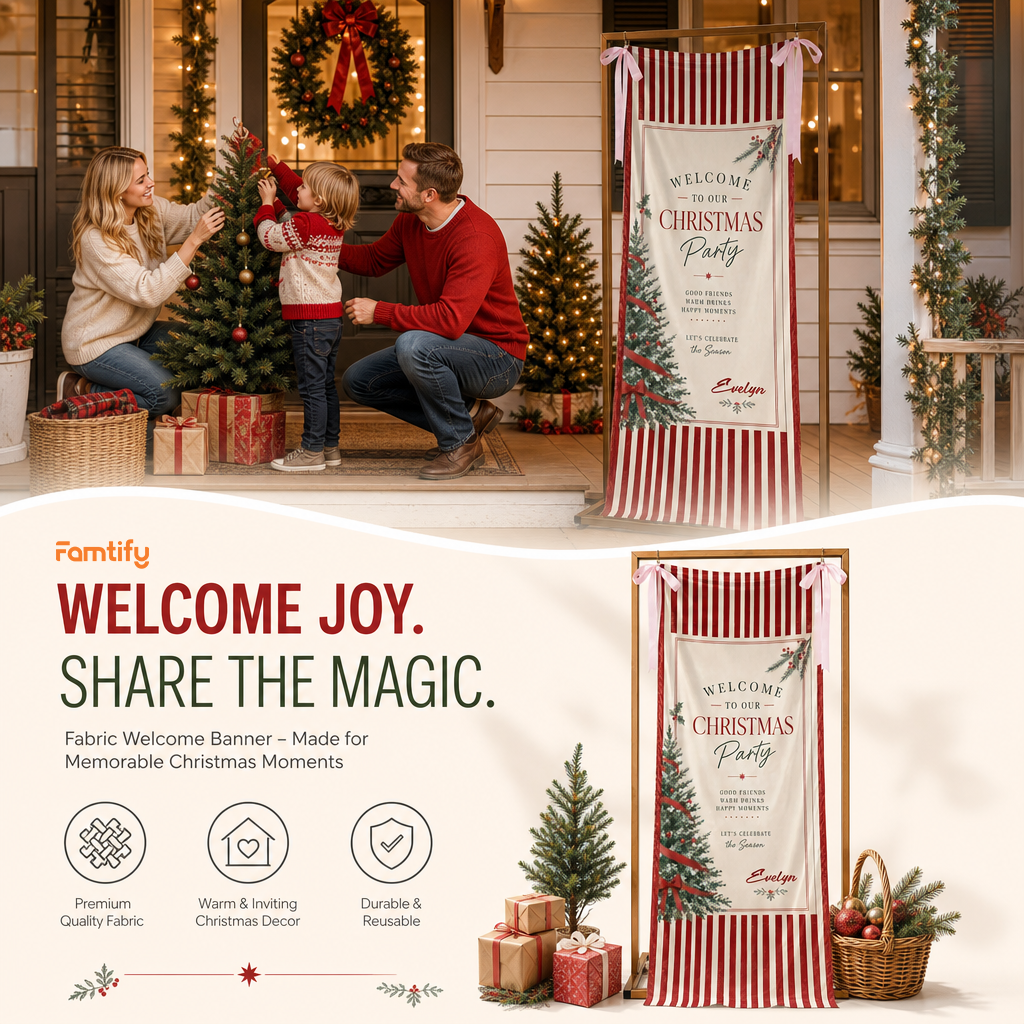 Custom Christmas Party Fabric Welcome Banner, Personalized Name Holiday Entrance Hanging Sign with Ribbon Ties, Classic Red Stripes Tree & Bow Party Decor
