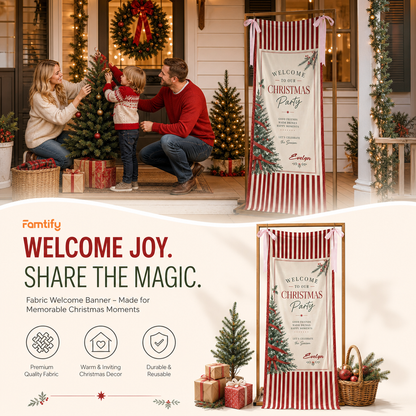 Custom Christmas Party Fabric Welcome Banner, Personalized Name Holiday Entrance Hanging Sign with Ribbon Ties, Classic Red Stripes Tree & Bow Party Decor