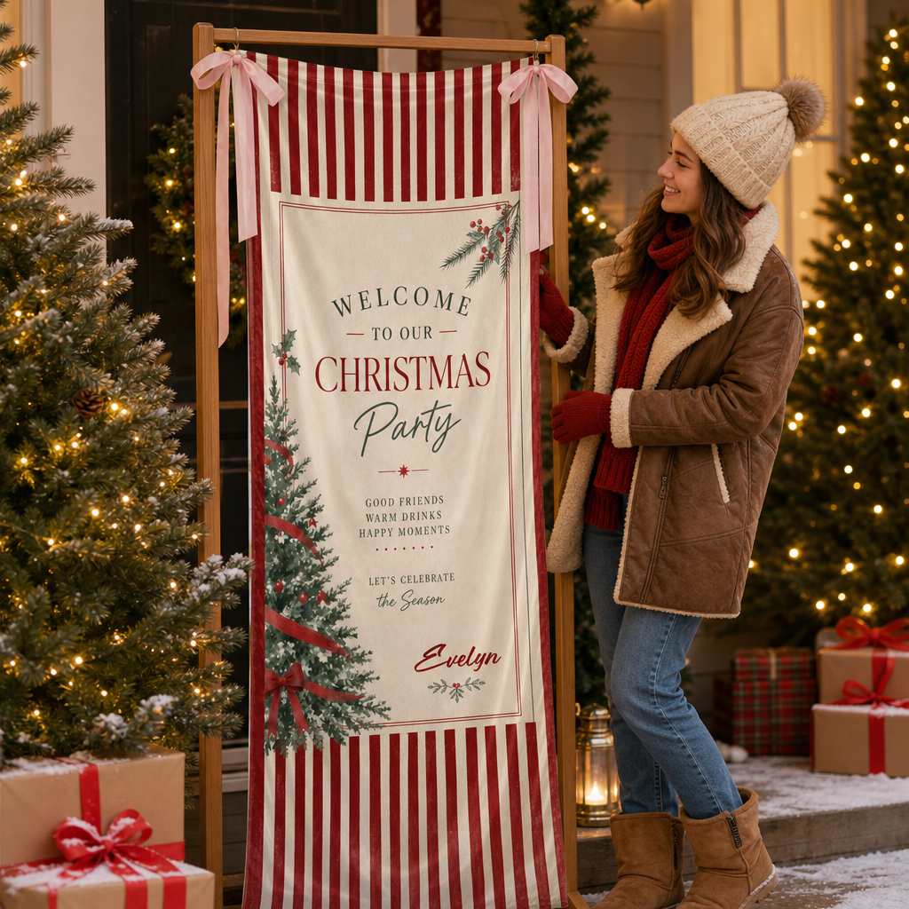 Custom Christmas Party Fabric Welcome Banner, Personalized Name Holiday Entrance Hanging Sign with Ribbon Ties, Classic Red Stripes Tree & Bow Party Decor