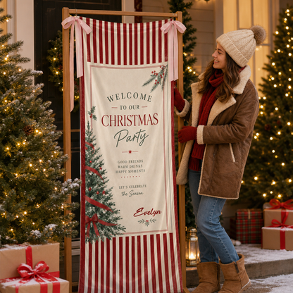 Custom Christmas Party Fabric Welcome Banner, Personalized Name Holiday Entrance Hanging Sign with Ribbon Ties, Classic Red Stripes Tree & Bow Party Decor