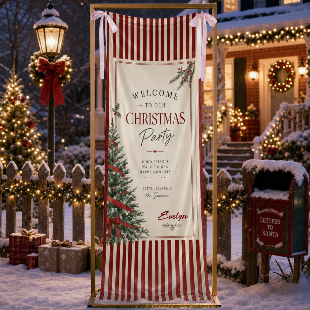 Custom Christmas Party Fabric Welcome Banner, Personalized Name Holiday Entrance Hanging Sign with Ribbon Ties, Classic Red Stripes Tree & Bow Party Decor