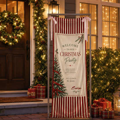 Custom Christmas Party Fabric Welcome Banner, Personalized Name Holiday Entrance Hanging Sign with Ribbon Ties, Classic Red Stripes Tree & Bow Party Decor