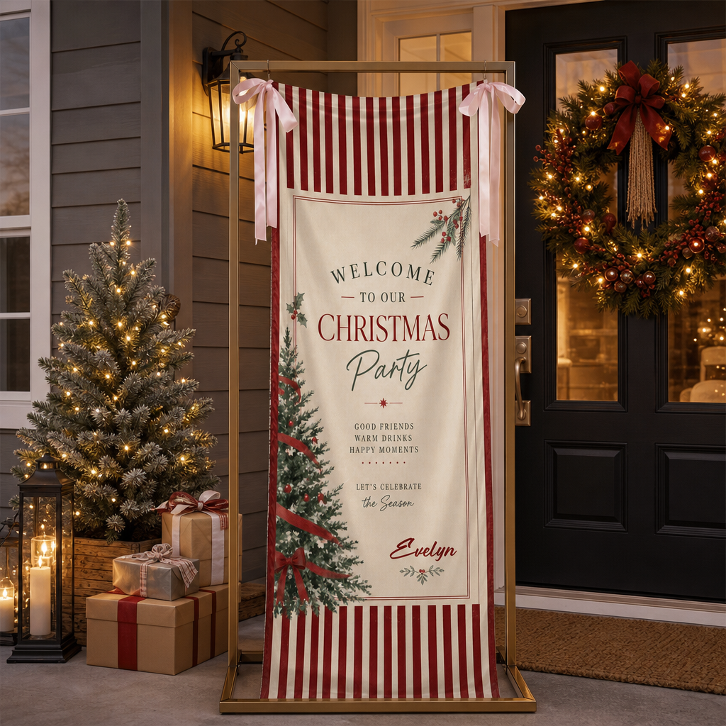 Custom Christmas Party Fabric Welcome Banner, Personalized Name Holiday Entrance Hanging Sign with Ribbon Ties, Classic Red Stripes Tree & Bow Party Decor