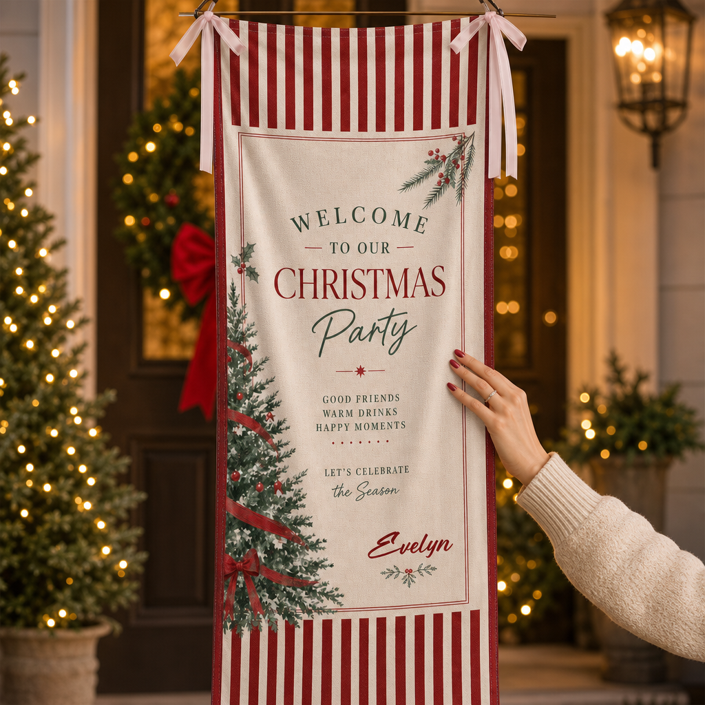 Custom Christmas Party Fabric Welcome Banner, Personalized Name Holiday Entrance Hanging Sign with Ribbon Ties, Classic Red Stripes Tree & Bow Party Decor