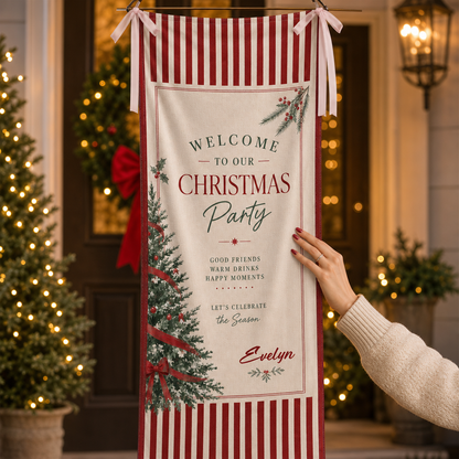 Custom Christmas Party Fabric Welcome Banner, Personalized Name Holiday Entrance Hanging Sign with Ribbon Ties, Classic Red Stripes Tree & Bow Party Decor