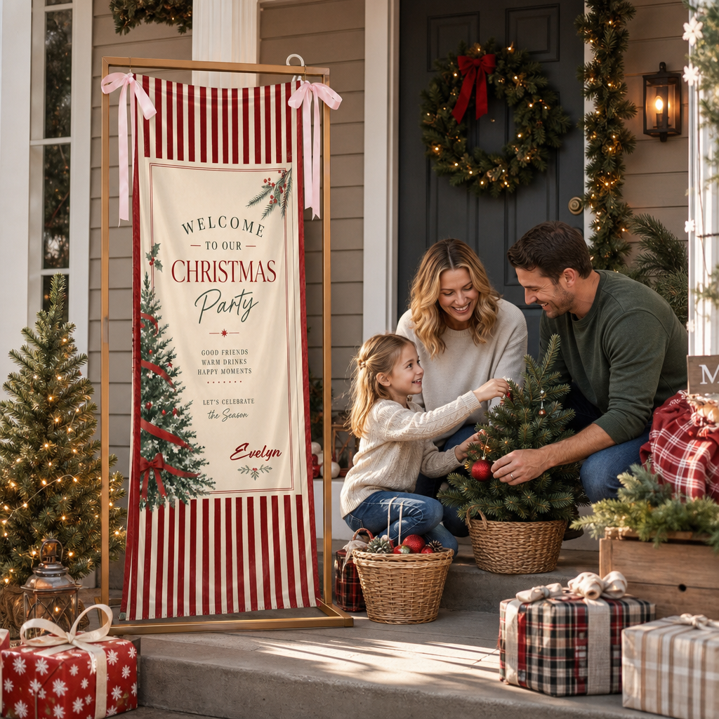 Custom Christmas Party Fabric Welcome Banner, Personalized Name Holiday Entrance Hanging Sign with Ribbon Ties, Classic Red Stripes Tree & Bow Party Decor